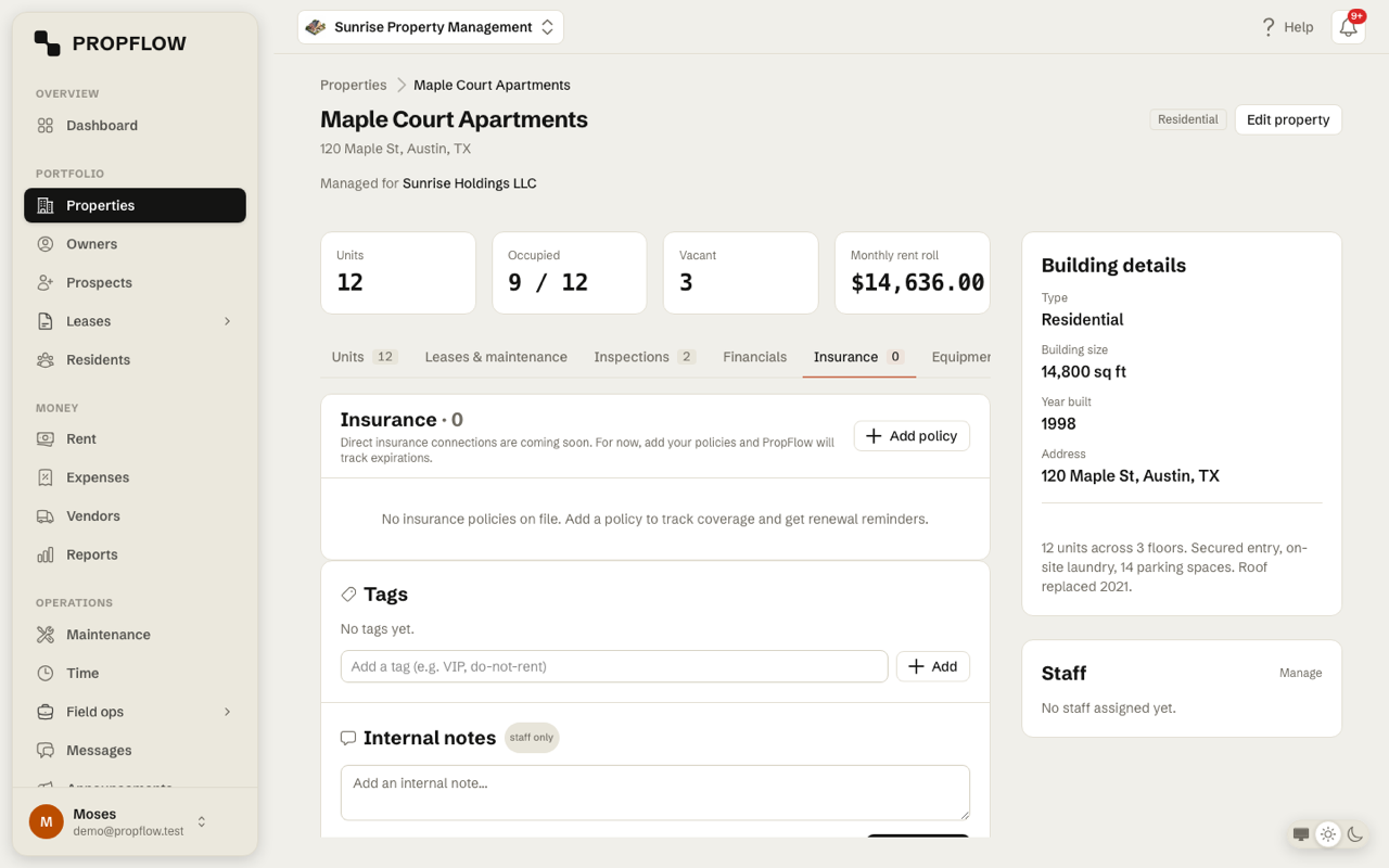 A property's Insurance tab with the add-policy action