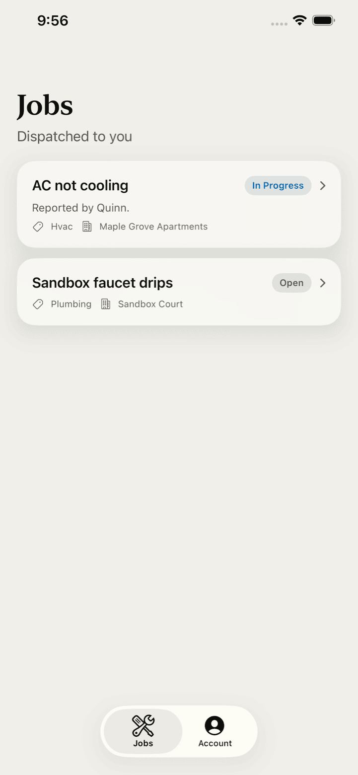 Contractor jobs in the PropFlow iOS app - dispatched work orders with status