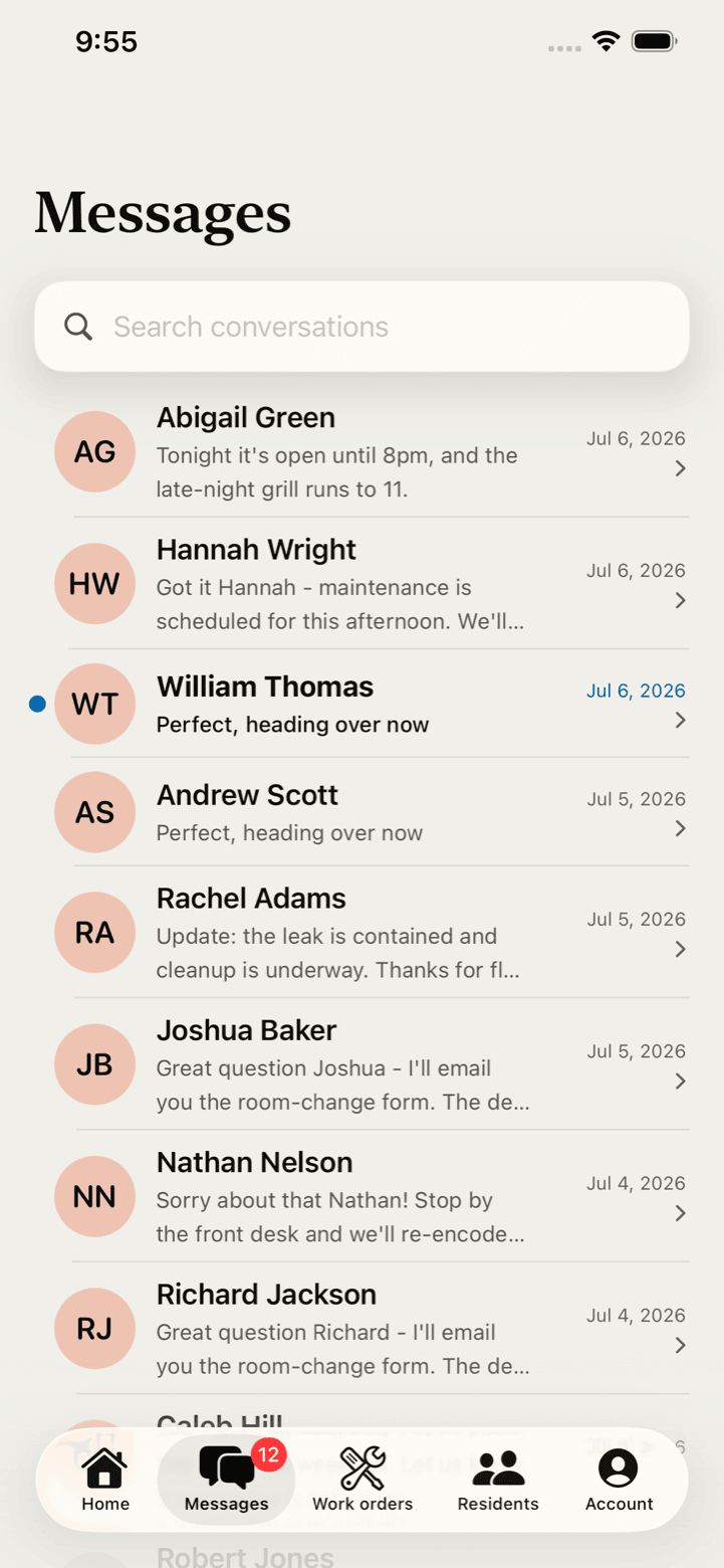 The PropFlow iOS inbox - resident conversations with iMessage-style unread indicators