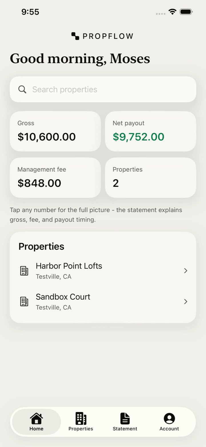 The owner home in the PropFlow iOS app - gross, net payout, fee and properties, every tile tappable