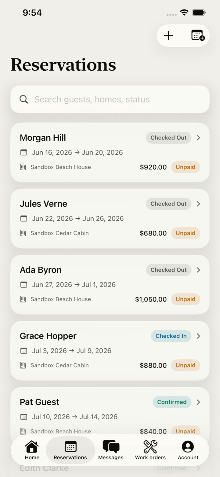 Short-term rental reservations in the PropFlow iOS app - stays with status and payment badges