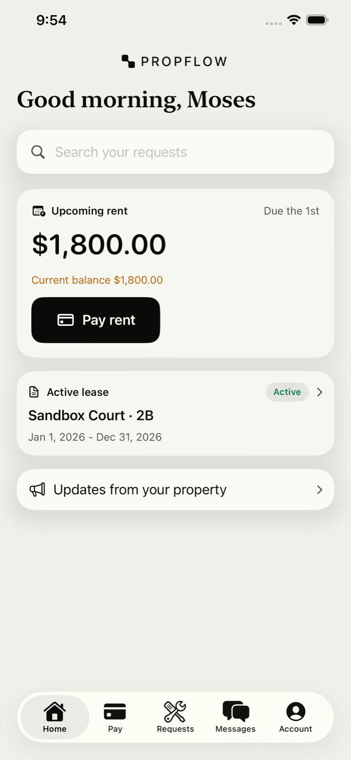 The resident home in the PropFlow iOS app - upcoming rent with a Pay rent button and the active lease